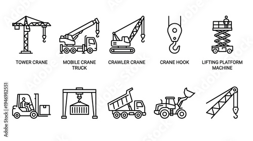 A clean, black and white line art icon set showcasing various construction and heavy lifting equipment, including cranes, forklifts, and trucks.