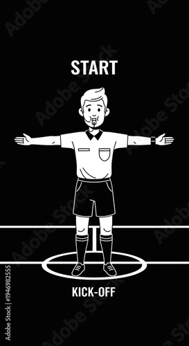 Illustrated Referee Signaling Kick-Off: A Monochrome Vector Depicting Sports Beginnings