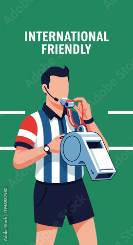 Illustrated Referee Displaying Soccer Emblem Against Green Backdrop for International Sport Theme