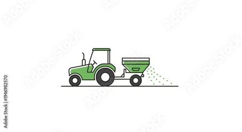 Green tractor with fertilizer spreader.