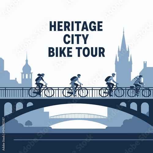 Illustrated Silhouette of Cyclists Touring Urban Heritage Landmarks During a City Bike Excursion