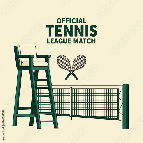 Illustrated Representation of Tennis Match: Referee Chair, Net, and Crossed Rackets Design