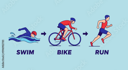 Illustrated Stages Of Triathlon Sports, Swim, Bike, And Run With Blue Background