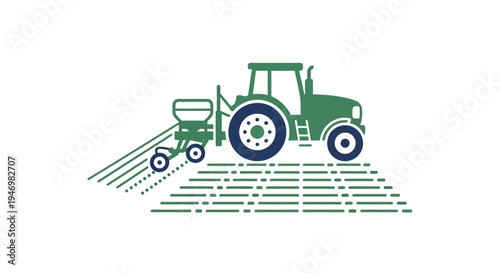 Green Tractor with Seeding Equipment Attached.