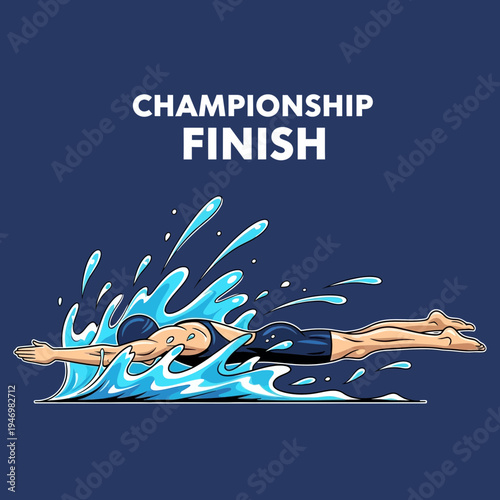 Illustrated Swimmer Achieving Championship Finish With Dynamic Water Splash Effect