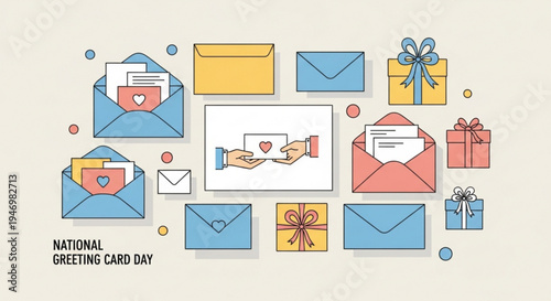 National greeting card day illustration with colorful envelopes gifts and cards on beige background