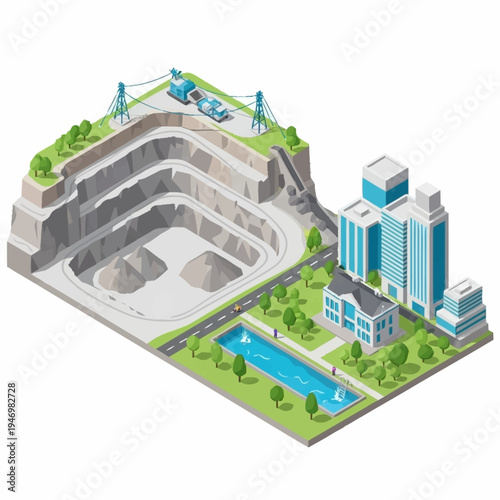 Isometric view of a large open pit mine with industrial buildings.
