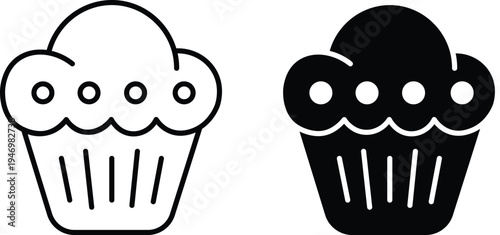 Two minimalist cupcake icons, one outlined and one solid black, featuring frosting and sprinkles in a paper cup.