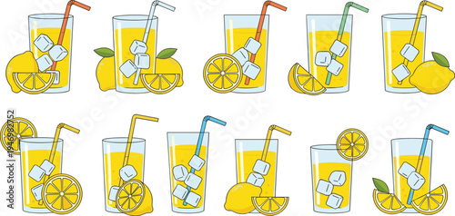 Fresh lemonade drink vector set with lemon slices, ice cubes, and straws in glass cups, refreshing summer citrus beverage illustrations for cafe menu and drink design