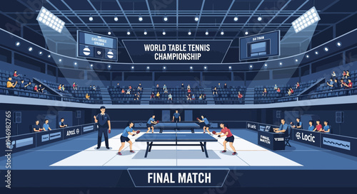 Illustrated Table Tennis Championship Final Match in a Modern Arena Setting