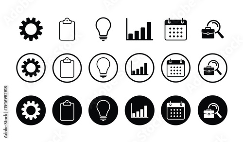 Data analytics and management icon set with gear, document, lightbulb, bar chart, calendar, and recruitment magnifying glass. High-quality vector elements for financial and business reports.