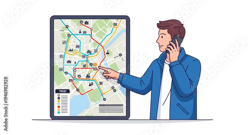 Man Using Map on Tablet.