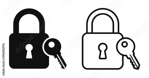 Padlock Key Icon Set Security Lock Protection Symbols Black and White