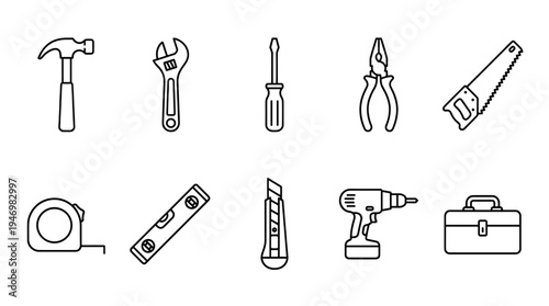 A clean, minimalist collection of hand-drawn tool icons presented against a stark white background, perfect for design projects.