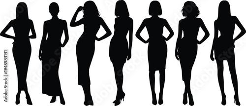Fashion silhouette icon set, stylish women figures, diverse outfit graphics, posture and style symbols, black vector, white background