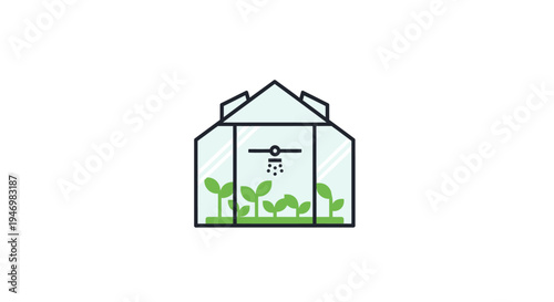 Greenhouse with plants and irrigation system.