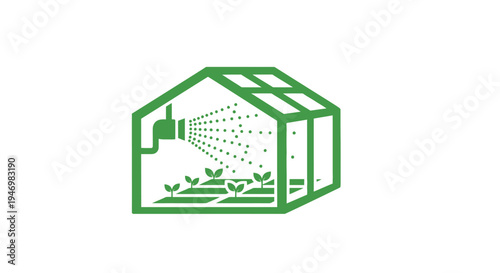 Greenhouse with plants and irrigation system.