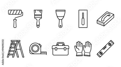 A clean, minimalist collection of black line art icons depicting various construction and DIY tools on a white background.
