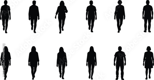 Vector Silhouette Set of Men and Women Walking Forward Towards Camera Isolated on White Background for Urban Motion Design and Pedestrian Street Scenes