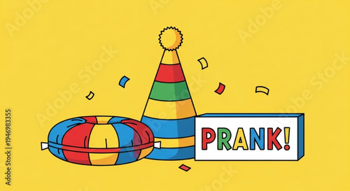 Colorful prank party accessories with confetti on yellow background festive surprise elements