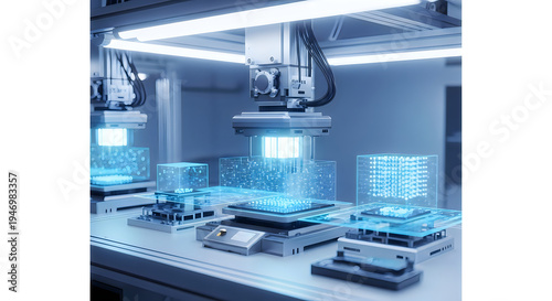 Wallpaper Mural Blue lit robotic arms assembling technology components on a laboratory workbench video Torontodigital.ca