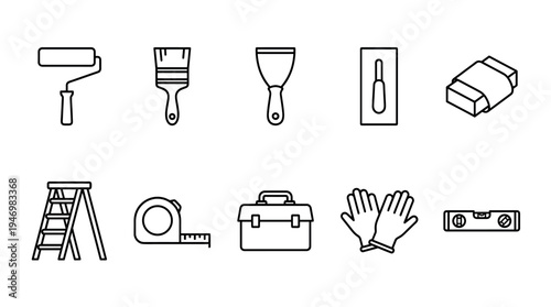 A collection of black and white line art icons representing essential home renovation and DIY tools, perfect for construction, repair, or design projects.