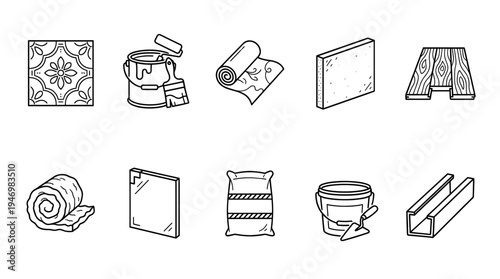 A collection of line art icons representing various construction and renovation materials, including tiles, paint, wallpaper, insulation, and tools for home improvement projects.