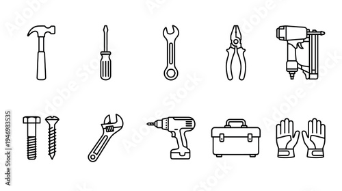 A collection of simple line art icons representing various construction tools, including a hammer, screwdriver, wrenches, pliers, drill, and safety gloves.
