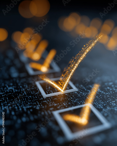 Digital Checklist: Glowing check marks illuminate a digital circuit board, representing accuracy, validation, and technology's role in confirmation and verification.