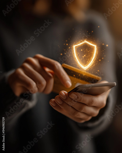 Wallpaper Mural Secure Transactions: A person uses a credit card and a smartphone to create safe online transactions, surrounded by the glow of a security shield. Torontodigital.ca