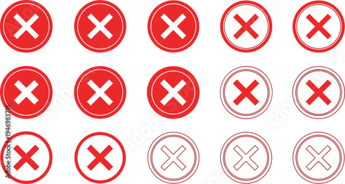 Red cross cancel icons set with circle symbols for error, close, delete, remove, and incorrect mark indicators for UI design and warning notifications