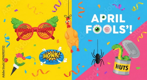 Colorful april fools' day illustration with prank items and confetti