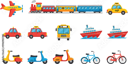 Cartoon transportation vehicles vector set including airplane, train, taxi cars, ships, scooters, and bicycles for travel, public transport, and urban mobility design