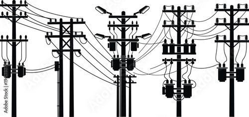 Electrical utility poles illustration with transformers, insulators, streetlights, power lines, energy distribution infrastructure, urban electricity supply system, vector design for stock content