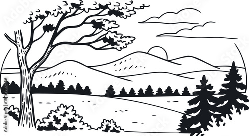 Minimalist hand drawn mountain landscape line art illustration with trees and sun