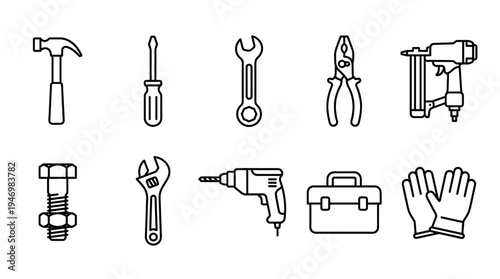 A clean, minimalist collection of black line art icons representing essential construction tools and safety equipment, perfect for DIY projects and professional services.