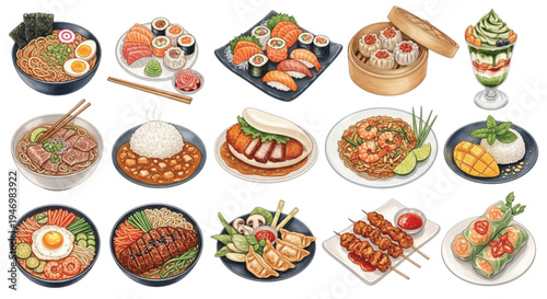 Asian Food Watercolor Illustration Set, Sushi Ramen Dim Sum Noodles Rice Dishes