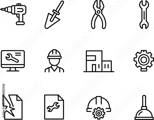 Construction and maintenance icon set, engineering tool graphics, repair and technical support symbols, worker and building figures, black vector, white background