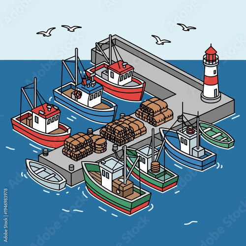 An illustrated harbor scene with fishing boats, a lighthouse, and a pier.