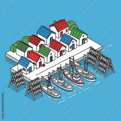 Isometric illustration of a coastal village with fishing boats and drying racks.