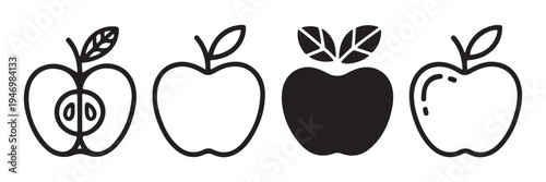 Apple icon set. apple fruit slice and whole apple vector flat and line art collection isolated