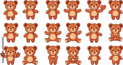 Cute teddy bear cartoon characters set with different poses and emotions, adorable plush toy illustrations for kids design, nursery prints, greeting cards, and stickers