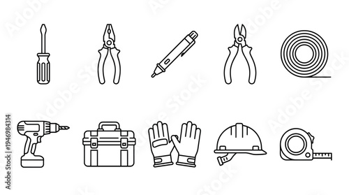 A collection of black and white outline icons representing various construction and DIY tools on a white background.