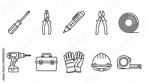 A collection of black and white outline icons representing various tools and safety equipment, perfect for design projects related to construction, DIY, or repairs.