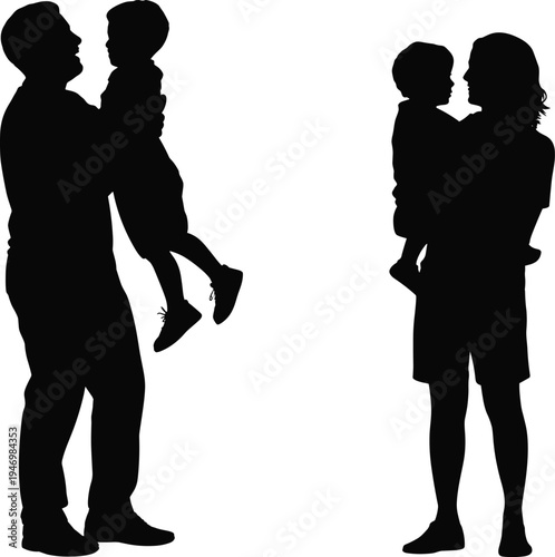Family silhouette icon set, parent and child graphics, care and bonding symbols, love and support figures, black vector, white background