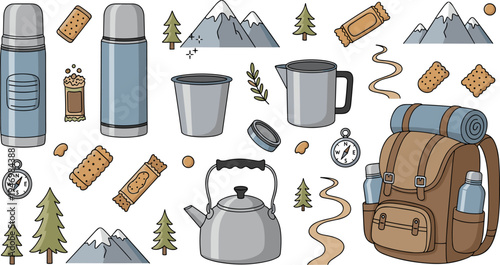 Camping and Hiking Outdoor Equipment Collection with Backpack Thermos Kettle Metal Mug Compass Mountains Trees Snacks and Adventure Travel Elements Vector Set