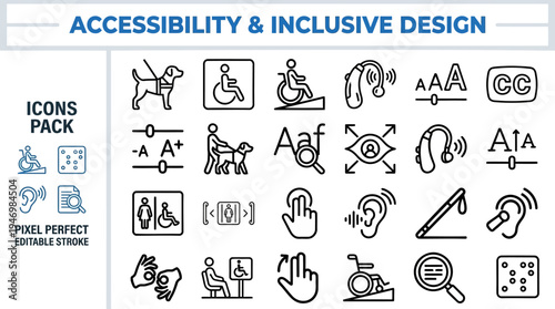 Accessibility and Inclusive Design Outline Vector Icon Set — Disability Support and Usability Editable Stroke Icons for Web and App UI