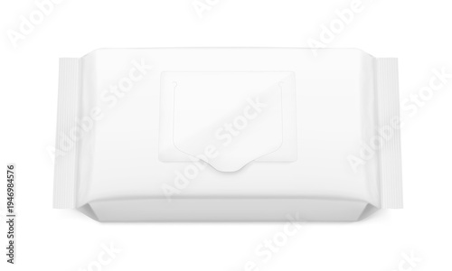 Wet wipes flow package mockup with realistic flap. Vector illustration isolated on white background. Can be use for your design, promo, adv and etc. EPS10.