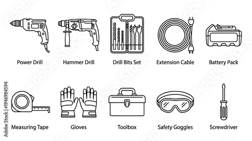 A clean line art illustration displays a collection of common construction and DIY tools, including drills, bits, safety gear, and measuring tape, perfect for project planning or repair visuals.