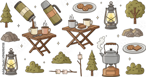 Camping Coffee and Outdoor Picnic Vector Set with Thermos Lantern Campfire Kettle Folding Table Cookies and Nature Elements Illustration